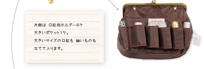 片側は 口紅用ホルダー6ケ
大きいポケット1ケ。大きいサイズの口紅も 細いものも立てて入ります。