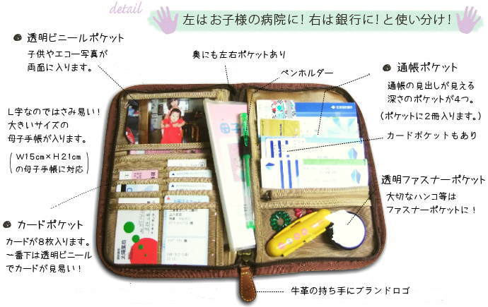 革の持ち手は パパの手も入るサイズです。赤ちゃん抱っこで 片手がふさがってても手を突っ込めるので 持ち運び楽ちん。